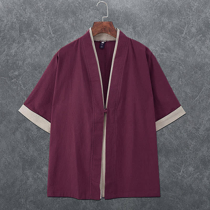 Nimara Ritual Summer Minimalist V-Neck Frog Button Solid Men's Short Sleeve Kimono