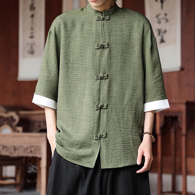 Nimara Ritual Summer Tang Style Mandarin Collar Frog Button Solid Men's Elbow-Length Sleeve Shirts