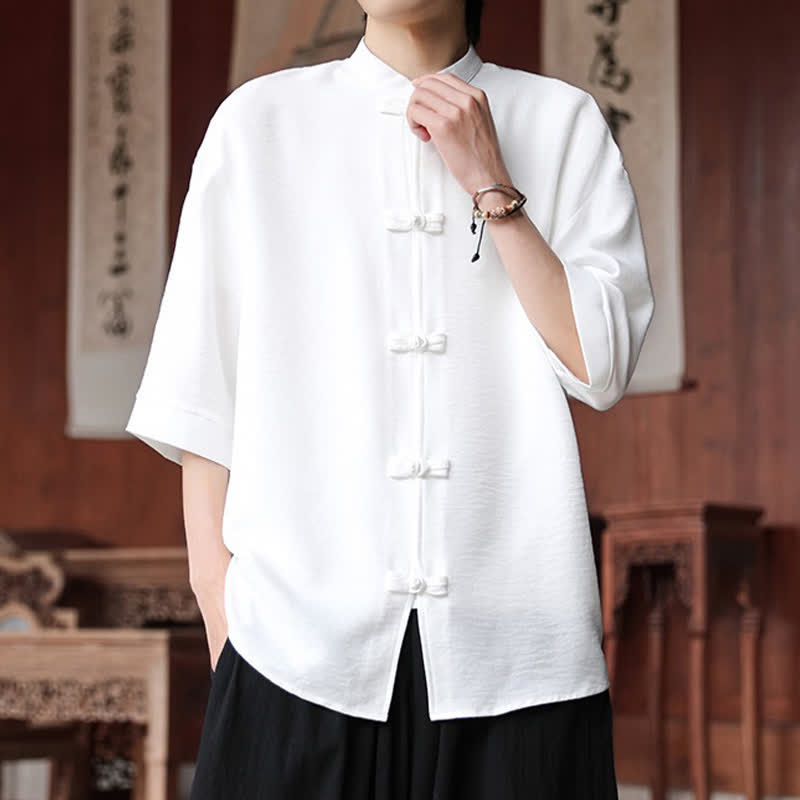 Nimara Ritual Summer Tang Style Mandarin Collar Frog Button Solid Men's Elbow-Length Sleeve Shirts
