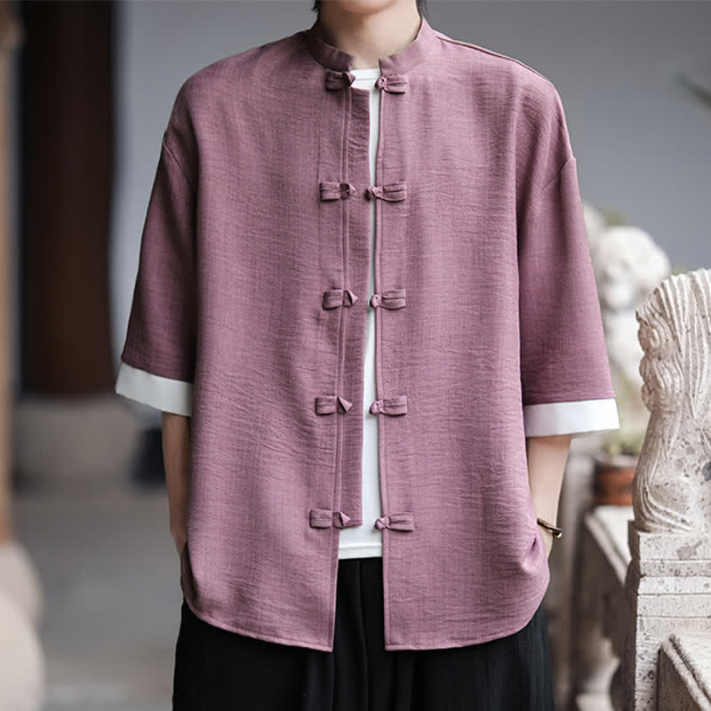 Nimara Ritual Summer Tang Style Mandarin Collar Frog Button Solid Men's Elbow-Length Sleeve Shirts