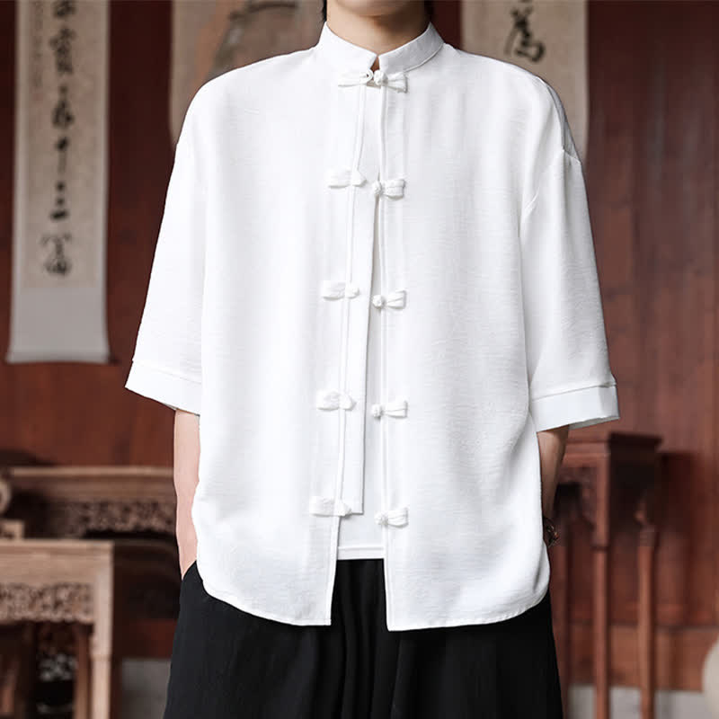 Nimara Ritual Summer Tang Style Mandarin Collar Frog Button Solid Men's Elbow-Length Sleeve Shirts