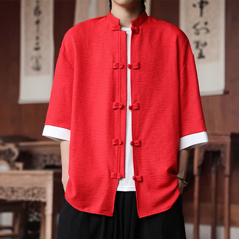 Nimara Ritual Summer Tang Style Mandarin Collar Frog Button Solid Men's Elbow-Length Sleeve Shirts