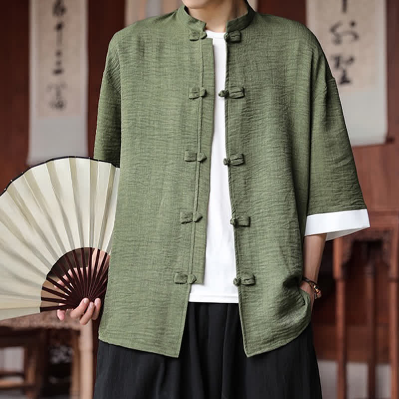 Nimara Ritual Summer Tang Style Mandarin Collar Frog Button Solid Men's Elbow-Length Sleeve Shirts