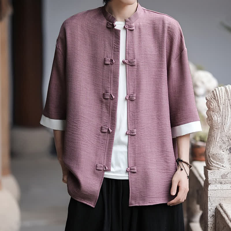 Nimara Ritual Summer Tang Style Mandarin Collar Frog Button Solid Men's Elbow-Length Sleeve Shirts
