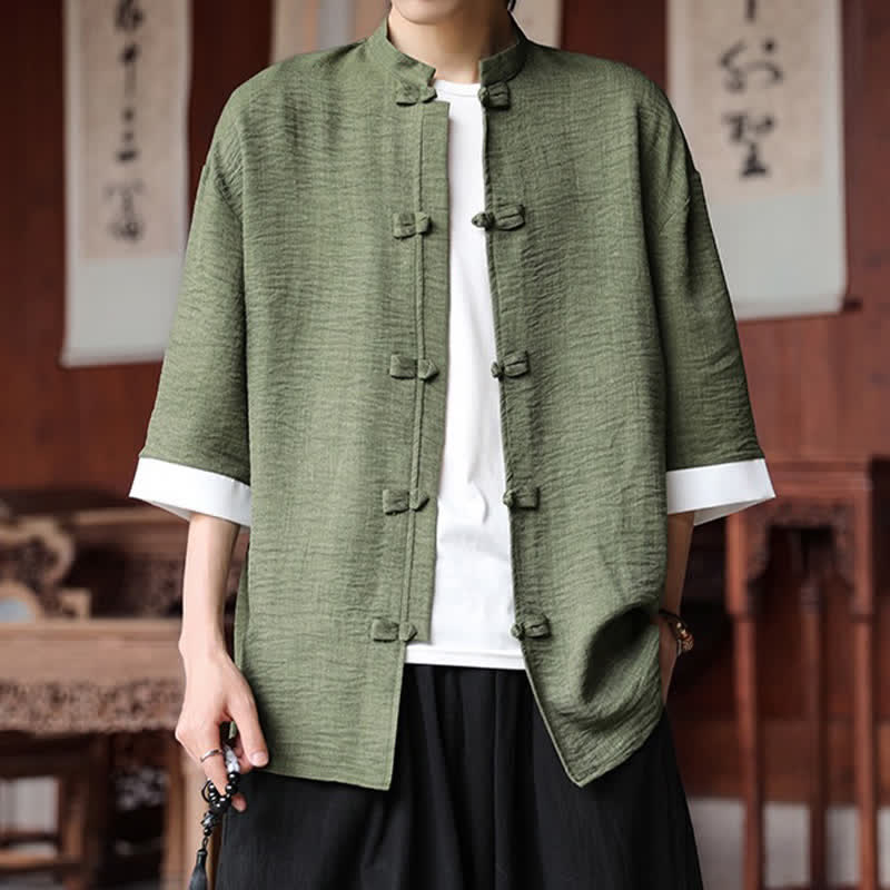 Nimara Ritual Summer Tang Style Mandarin Collar Frog Button Solid Men's Elbow-Length Sleeve Shirts