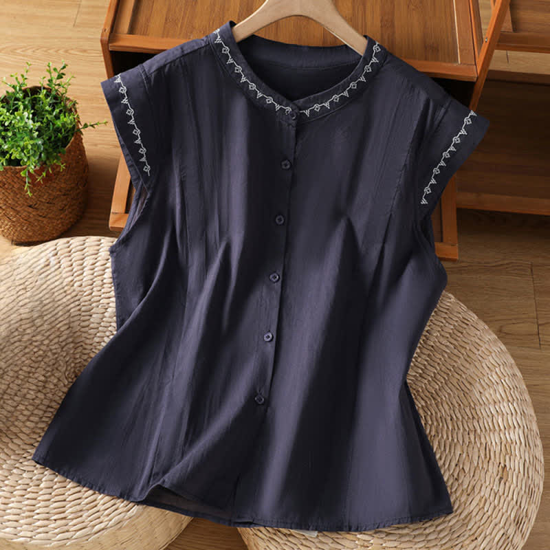 Nimara Ritual Summer Button-Up Solid Crew Neck Women's Sleeveless Shirts