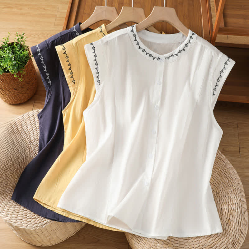 Nimara Ritual Summer Button-Up Solid Crew Neck Women's Sleeveless Shirts