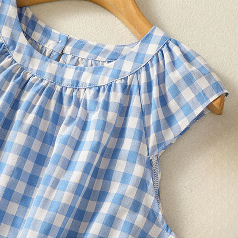 Nimara Ritual Summer Pleated Yoke Gingham Check Women's Sleeveless T-Shirts Tank Top