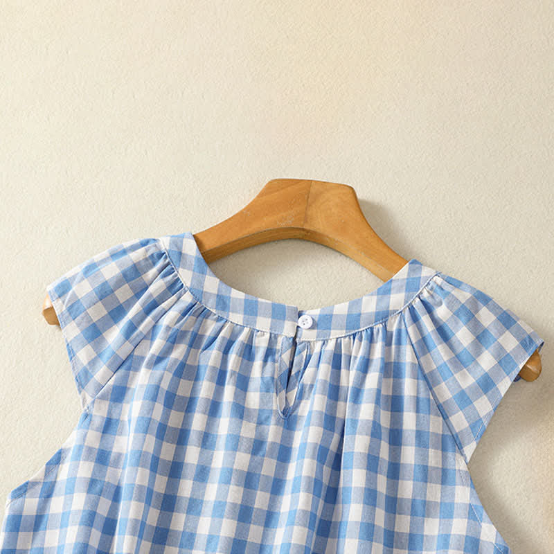 Nimara Ritual Summer Pleated Yoke Gingham Check Women's Sleeveless T-Shirts Tank Top
