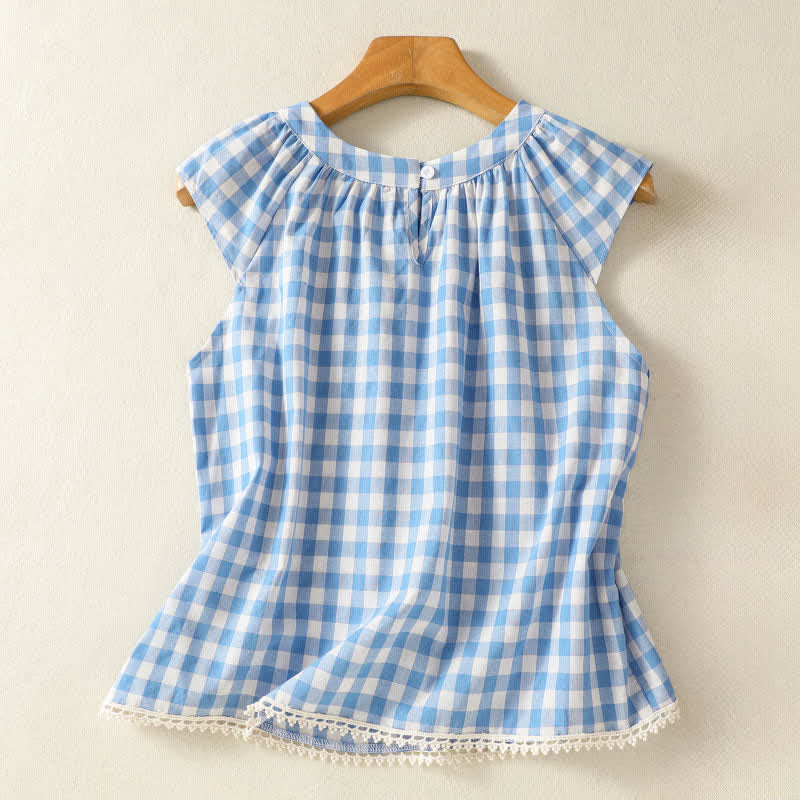 Nimara Ritual Summer Pleated Yoke Gingham Check Women's Sleeveless T-Shirts Tank Top