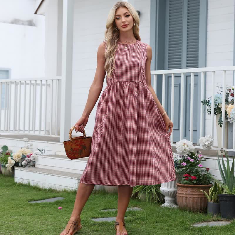 Nimara Ritual Summer Casual Plaid Cotton Women's Sleeveless Dress With Pockets
