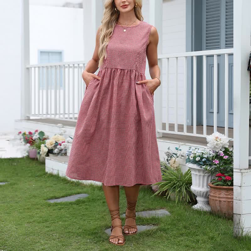 Nimara Ritual Summer Casual Plaid Cotton Women's Sleeveless Dress With Pockets