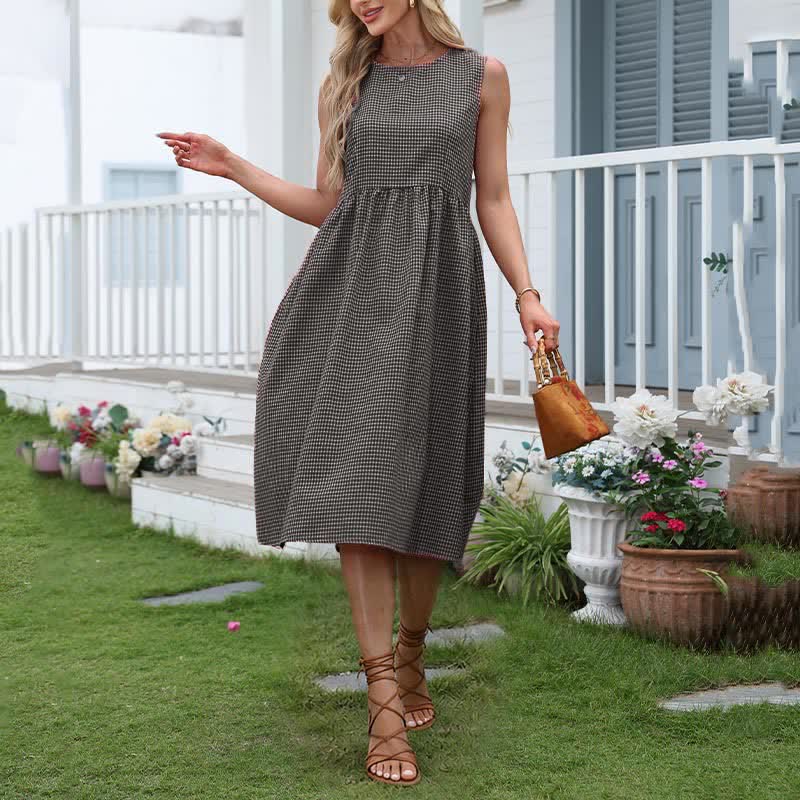 Nimara Ritual Summer Casual Plaid Cotton Women's Sleeveless Dress With Pockets