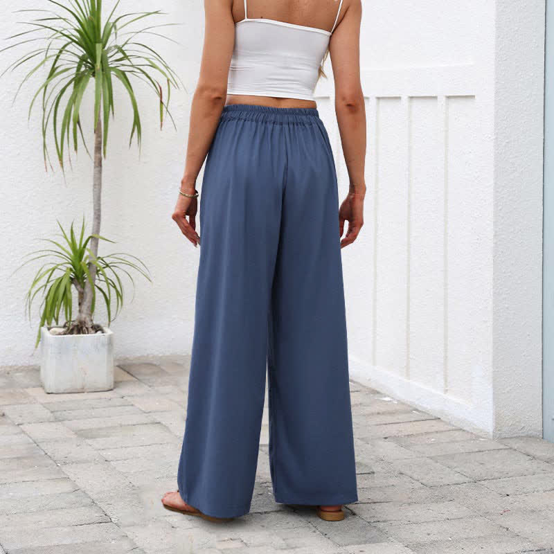 Nimara Ritual Plain Color Cotton Linen High Waist Women's Wide Leg Pants With Pockets