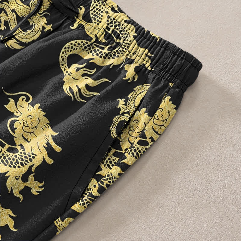 Nimara Ritual Cotton Golden Dragon Pattern Men's Tapered Pants With Pockets
