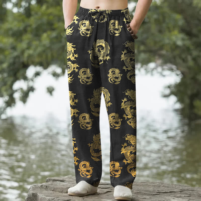 Nimara Ritual Cotton Golden Dragon Pattern Men's Tapered Pants With Pockets