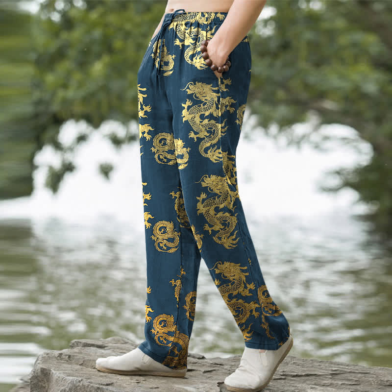 Nimara Ritual Cotton Golden Dragon Pattern Men's Tapered Pants With Pockets