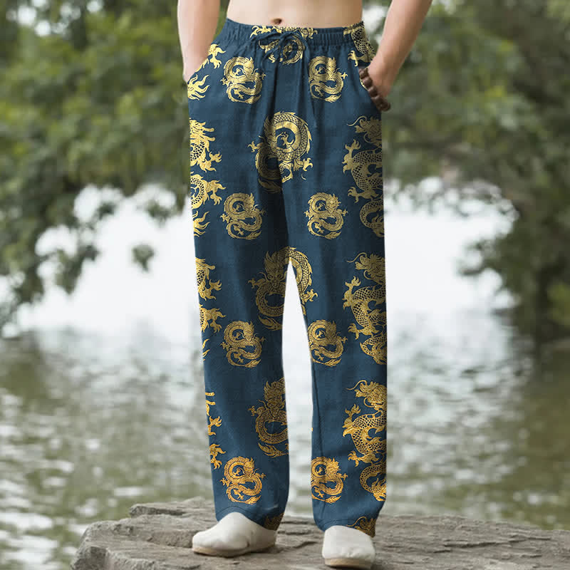 Nimara Ritual Cotton Golden Dragon Pattern Men's Tapered Pants With Pockets