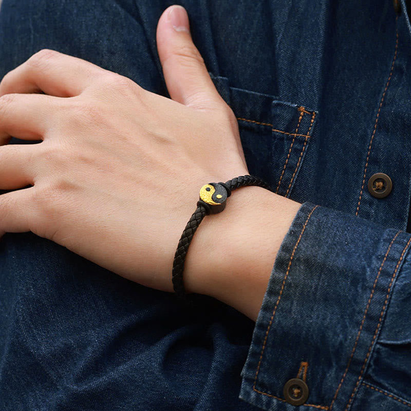 Nimara Ritual 925 Sterling Silver 999 Gold Yin Yang Bagua Symbol Balance Leather Bracelet