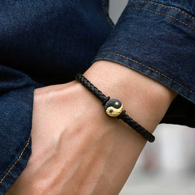 Nimara Ritual 925 Sterling Silver 999 Gold Yin Yang Bagua Symbol Balance Leather Bracelet