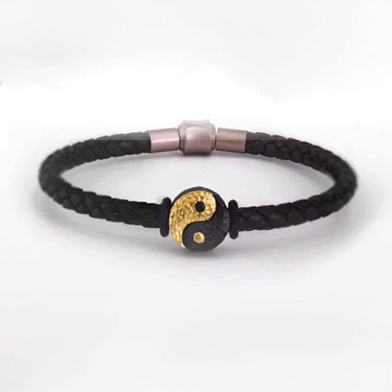 Nimara Ritual 925 Sterling Silver 999 Gold Yin Yang Bagua Symbol Balance Leather Bracelet