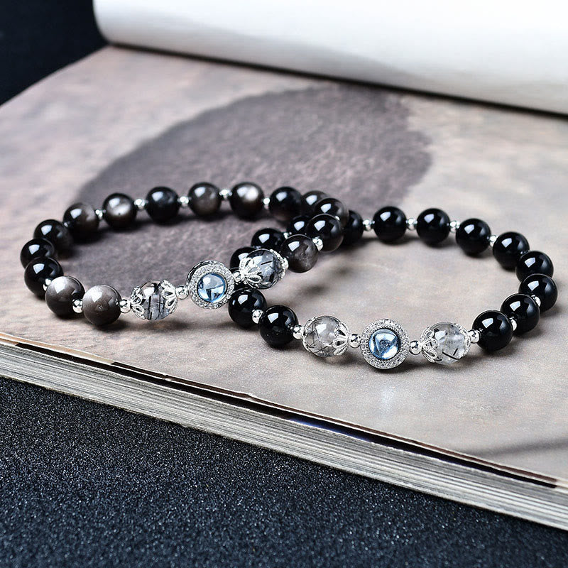 Nimara Ritual Black Obsidian Silver Sheen Obsidian Zircon Purification Bracelet