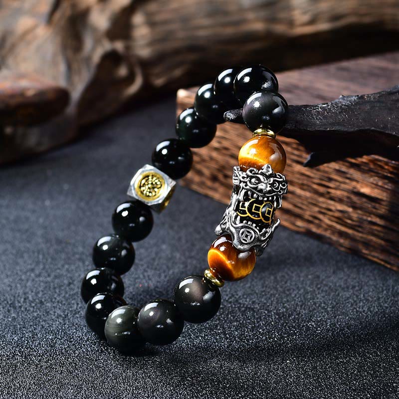 Nimara Ritual Natural Black Obsidian PiXiu Tiger's Eye Transformation Bracelet