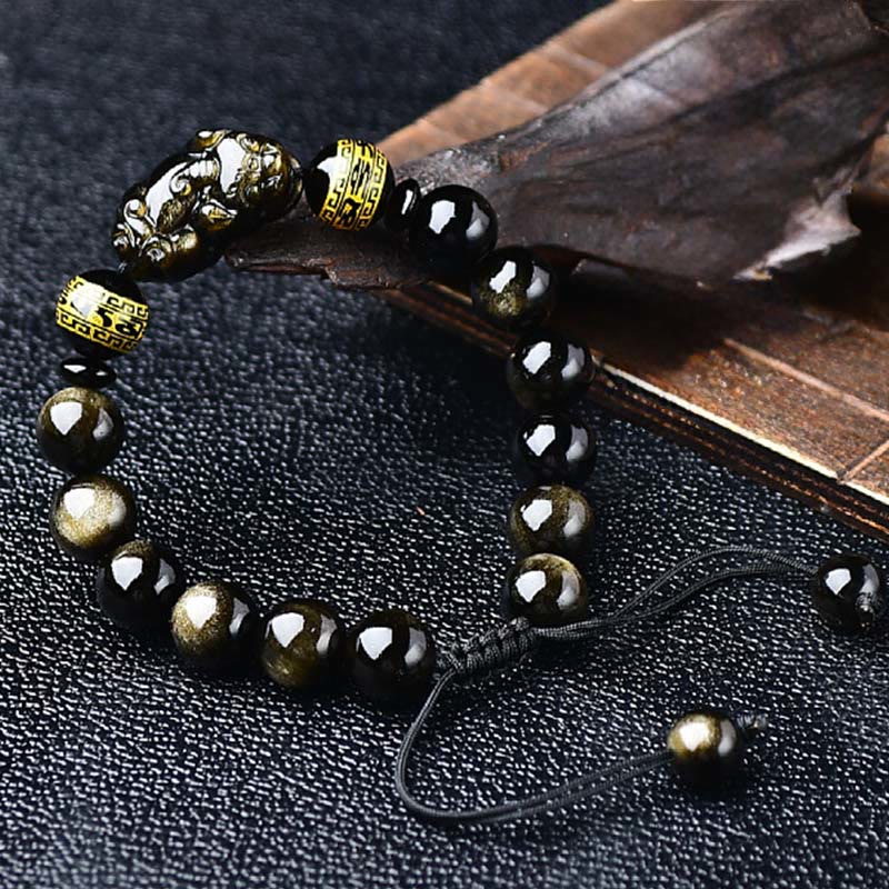 Nimara Ritual Natural Gold Sheen Obsidian PiXiu Om Mani Padme Hum Protection Rope Bracelet