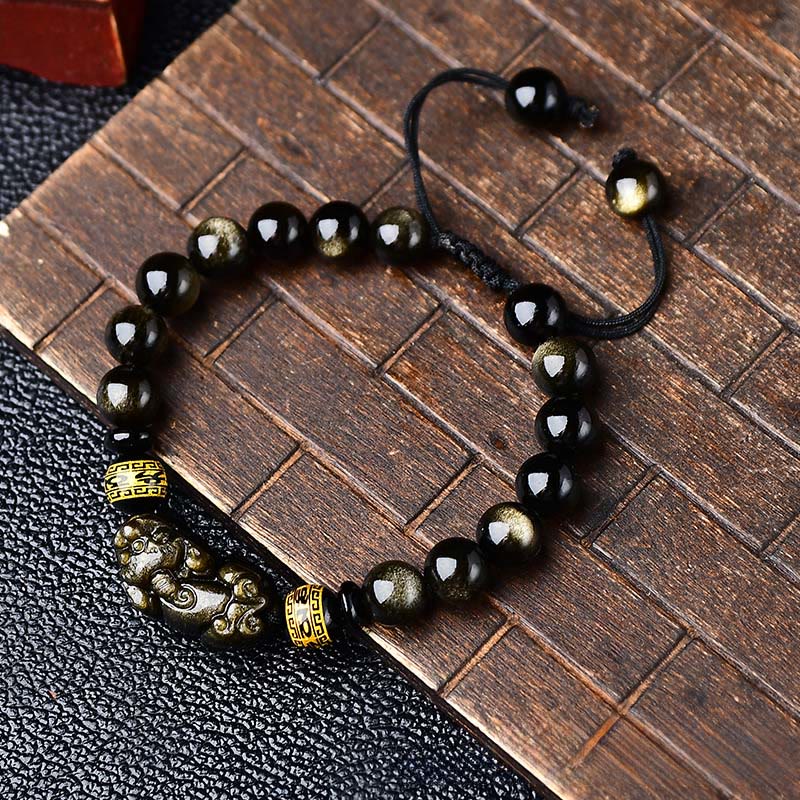 Nimara Ritual Natural Gold Sheen Obsidian PiXiu Om Mani Padme Hum Protection Rope Bracelet