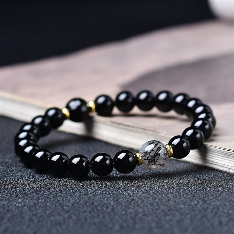 Nimara Ritual Natural Black Obsidian Black Rutilated Quartz Purification Bracelet