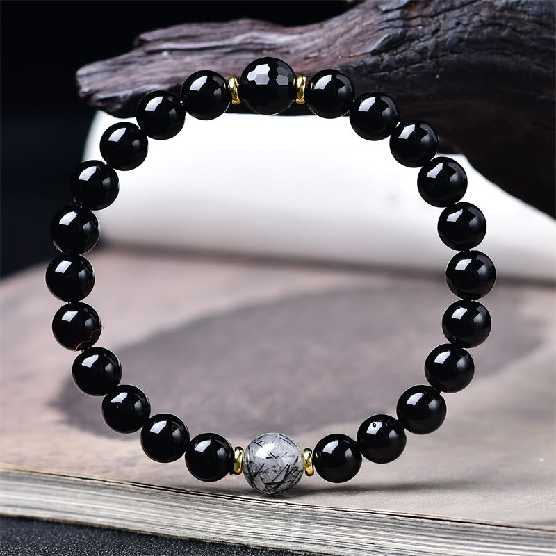 Nimara Ritual Natural Black Obsidian Black Rutilated Quartz Purification Bracelet