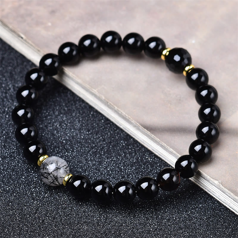 Nimara Ritual Natural Black Obsidian Black Rutilated Quartz Purification Bracelet