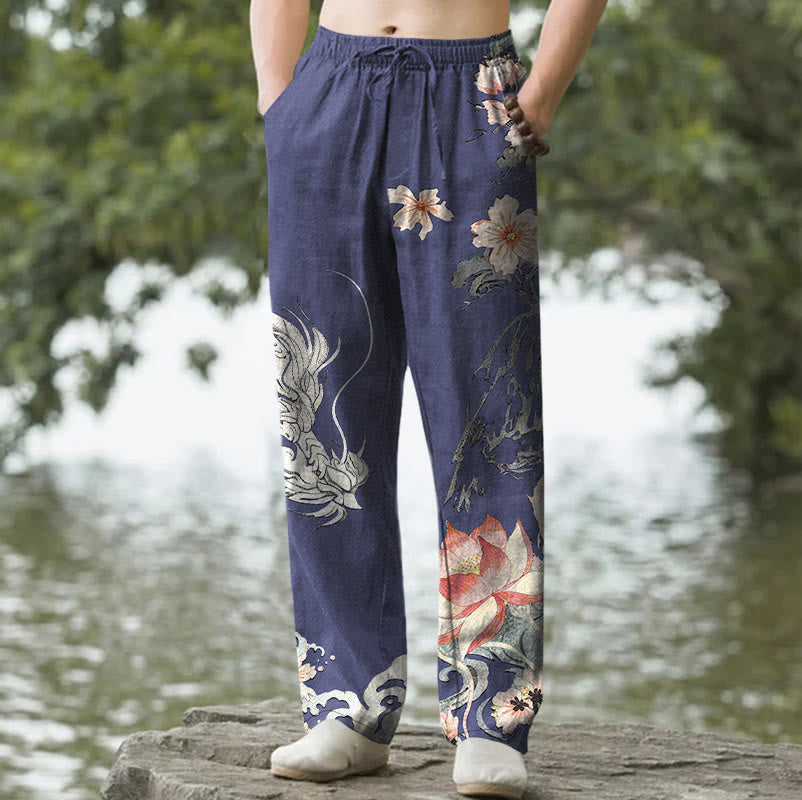 Nimara Ritual Cotton Oriental Dragon Lotus Pattern Men's Tapered Pants With Pockets