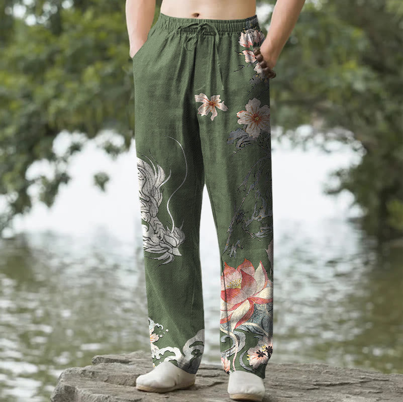 Nimara Ritual Cotton Oriental Dragon Lotus Pattern Men's Tapered Pants With Pockets