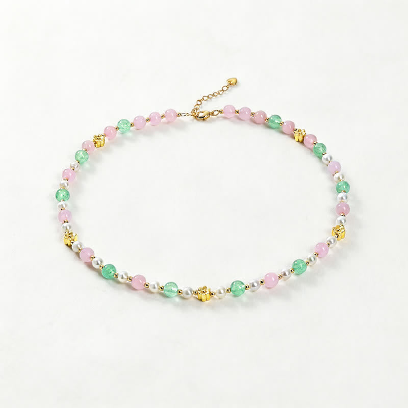Nimara Ritual Natural Rose Quartz Green Strawberry Quartz Pearl Bead Peace Necklace