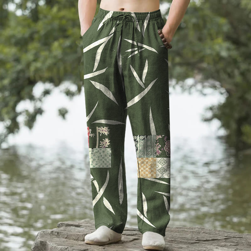Nimara Ritual Cotton Bamboo Leaf Patchwork Pattern Men's Tapered Pants With Pockets