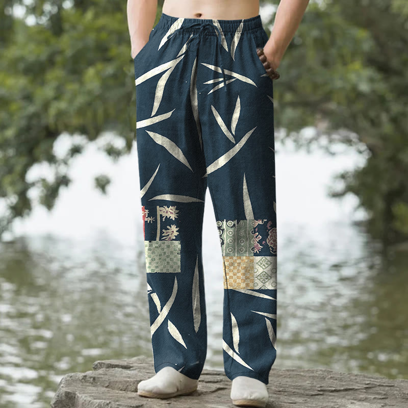 Nimara Ritual Cotton Bamboo Leaf Patchwork Pattern Men's Tapered Pants With Pockets