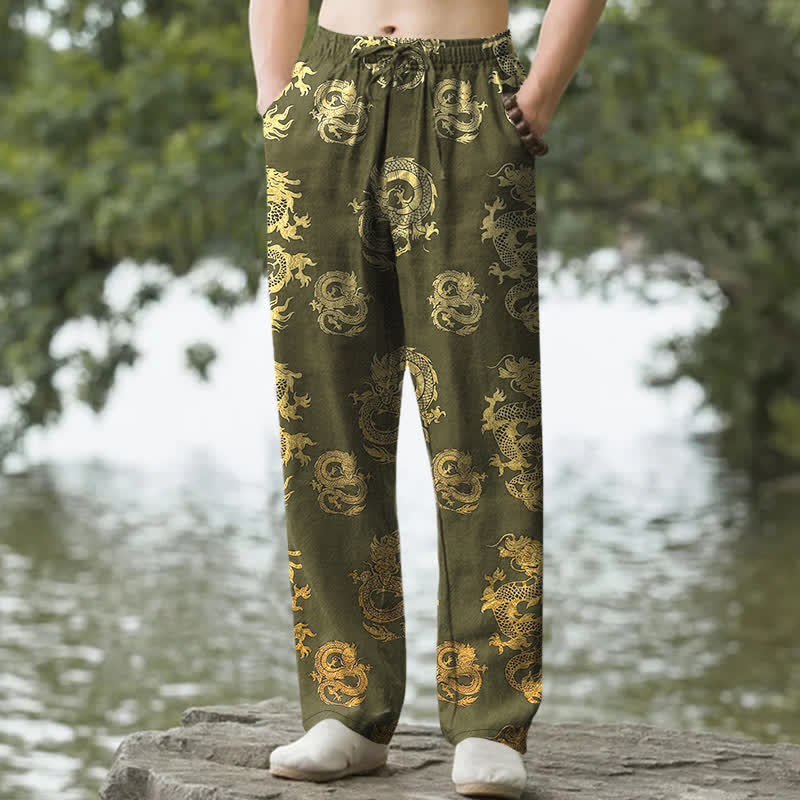 Nimara Ritual Cotton Golden Dragon Pattern Men's Tapered Pants With Pockets