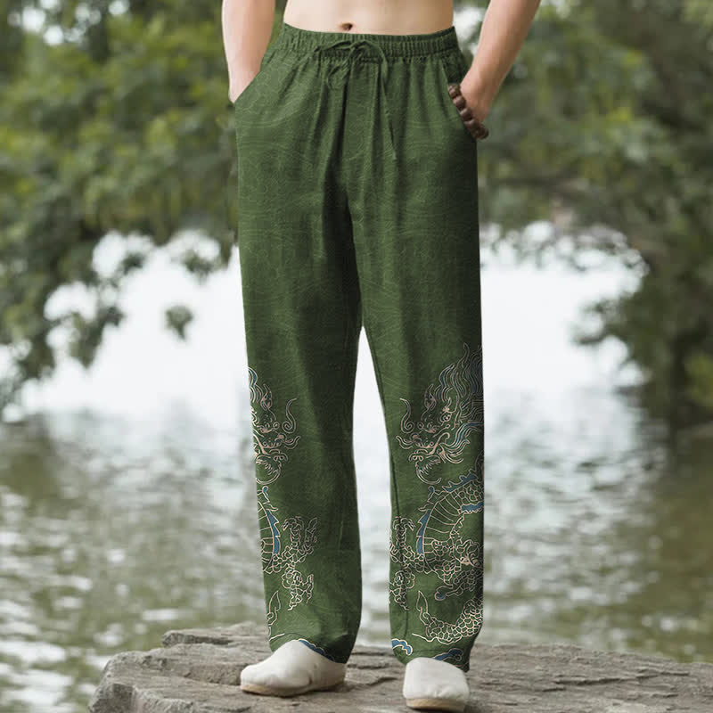 Nimara Ritual Cotton Golden Dragon Clouds Pattern Men's Tapered Pants With Pockets