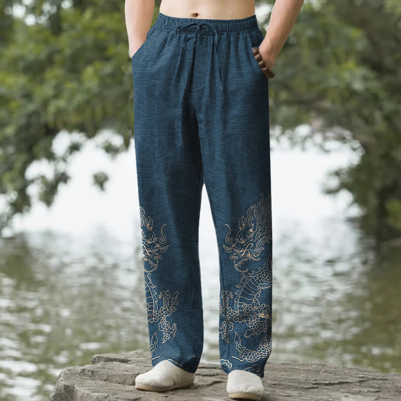 Nimara Ritual Cotton Golden Dragon Clouds Pattern Men's Tapered Pants With Pockets