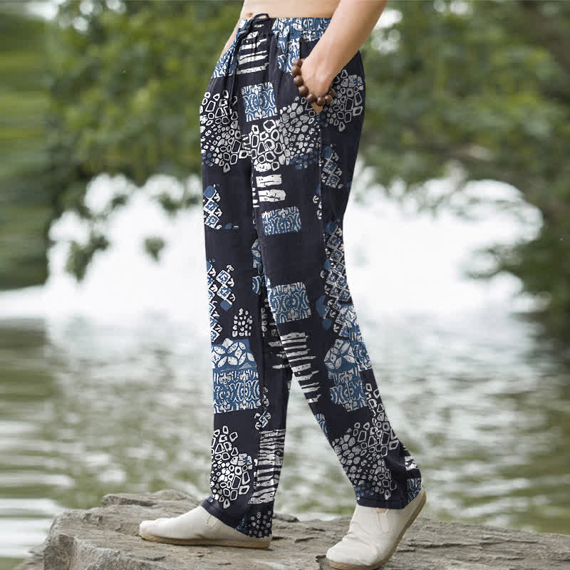 Nimara Ritual Cotton Geometric Patchwork Pattern Men's Tapered Pants With Pockets