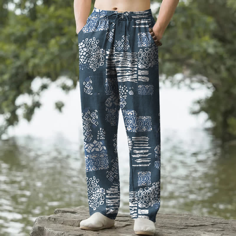 Nimara Ritual Cotton Geometric Patchwork Pattern Men's Tapered Pants With Pockets