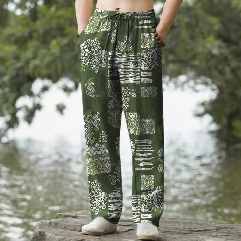 Nimara Ritual Cotton Geometric Patchwork Pattern Men's Tapered Pants With Pockets