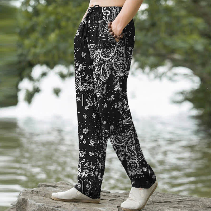 Nimara Ritual Cotton Cashew Flowers Paisley Pattern Men's Tapered Pants With Pockets