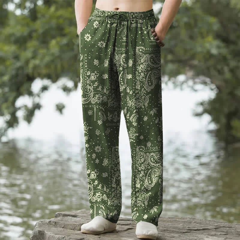 Nimara Ritual Cotton Cashew Flowers Paisley Pattern Men's Tapered Pants With Pockets