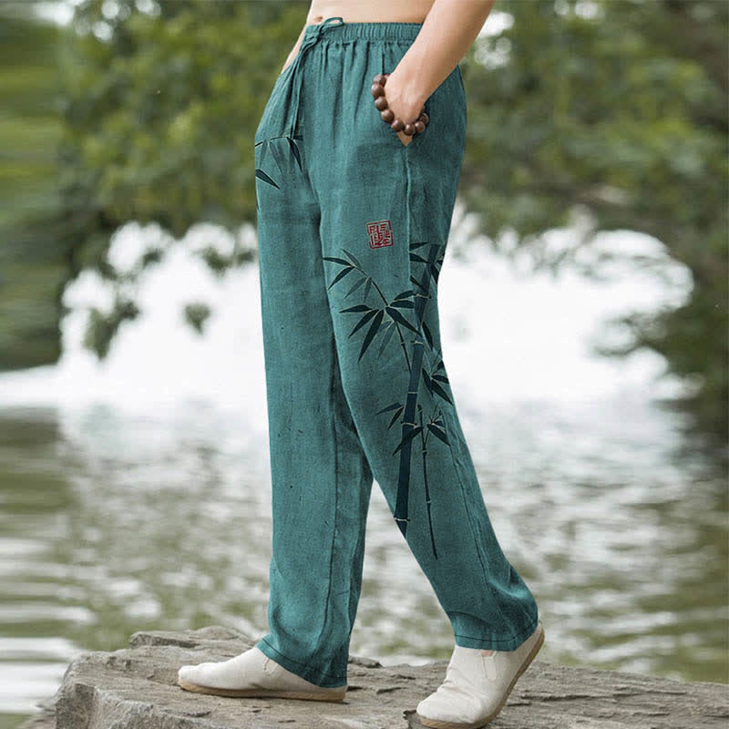 Nimara Ritual Cotton Bamboo Leaves Ink Pattern Men's Tapered Pants With Pockets