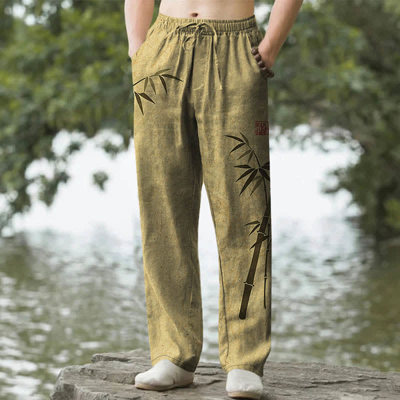 Nimara Ritual Cotton Bamboo Leaves Ink Pattern Men's Tapered Pants With Pockets