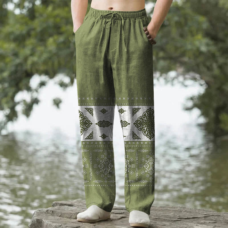 Nimara Ritual Cotton Bandana Mosaic Pattern Men's Tapered Pants With Pockets