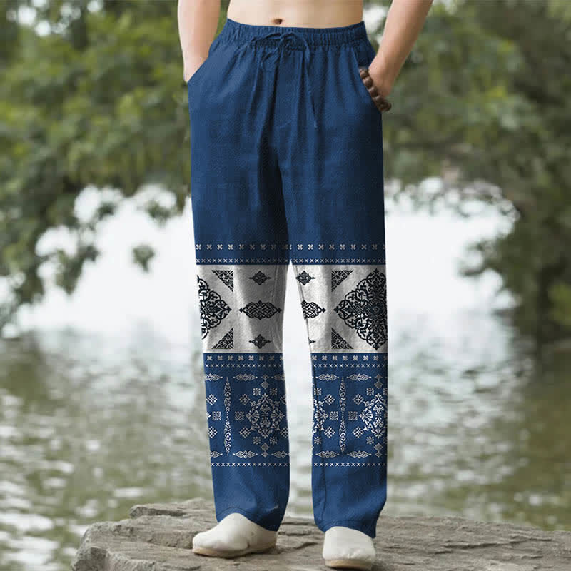Nimara Ritual Cotton Bandana Mosaic Pattern Men's Tapered Pants With Pockets