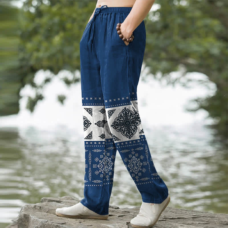 Nimara Ritual Cotton Bandana Mosaic Pattern Men's Tapered Pants With Pockets